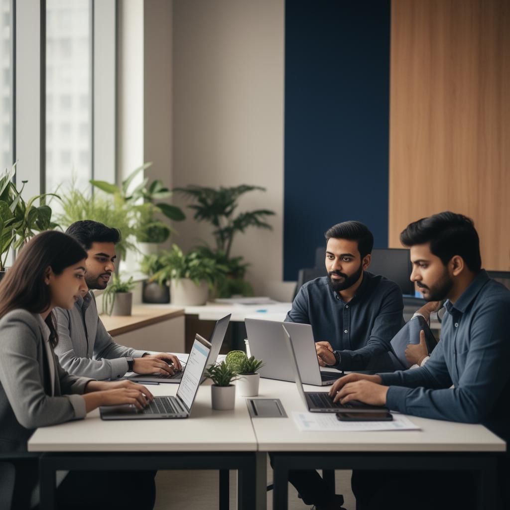 A small team collaborating with multiple business laptops in a modern office